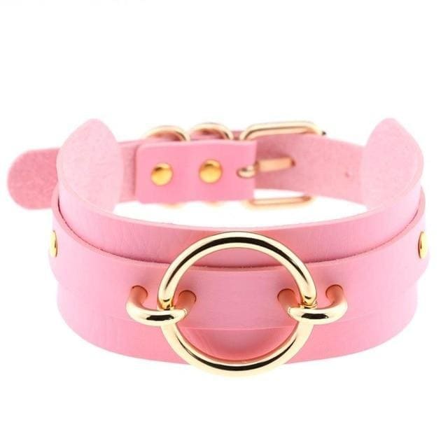 Pink vegan leather choker necklace with golden o-ring and buckle showcasing gorgeous vegan leather details