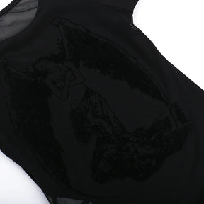 Close detail of the dark angel artwork on the black T-shirt's mesh back panel.