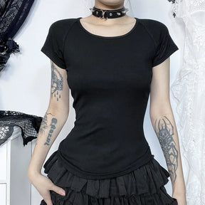 Black angel T-shirt shown from the front with a hand at the waist, highlighting its plain front and fitted shape.
