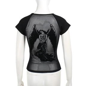 Rear mannequin view of the black T-shirt with a sheer mesh panel and large dark winged angel design.