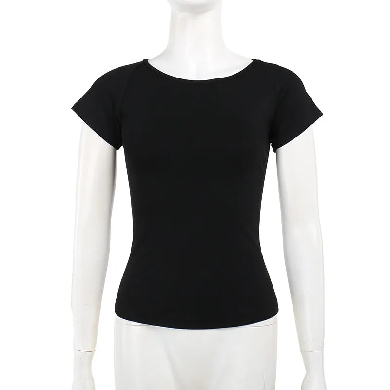 Plain black front of the short-sleeve angel T-shirt displayed on a white mannequin.