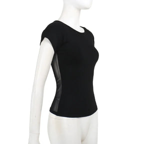 Side view of the fitted black T-shirt on a mannequin, showing the short sleeve and curved silhouette.