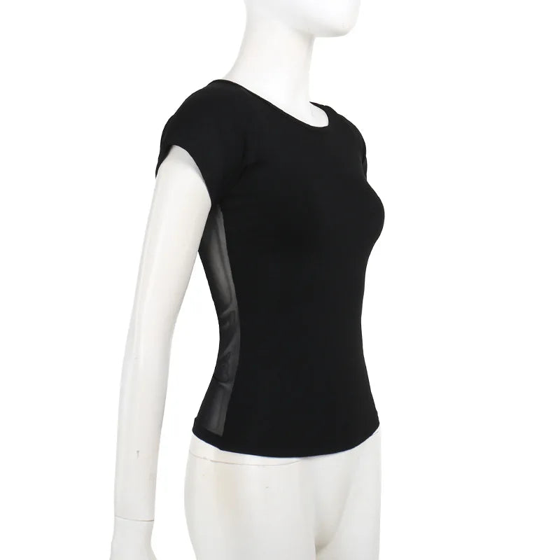 Side view of the fitted black T-shirt on a mannequin, showing the short sleeve and curved silhouette.