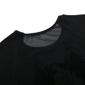 Upper back of the angel T-shirt laid flat, showing the round neckline and the top of the sheer printed panel.