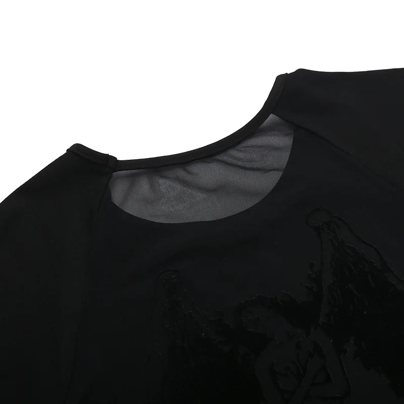 Upper back of the angel T-shirt laid flat, showing the round neckline and the top of the sheer printed panel.