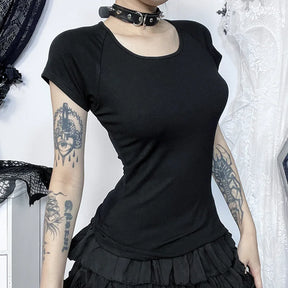 Plain black front of the gothic angel T-shirt, showing a round neckline and short sleeves above a tiered skirt.