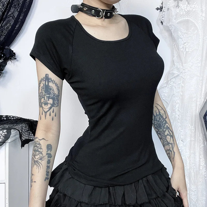 Plain black front of the gothic angel T-shirt, showing a round neckline and short sleeves above a tiered skirt.