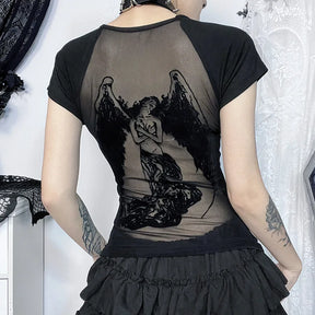 Angled back view of the black angel T-shirt, showing the sheer panel, spread wings and opaque black sleeves.