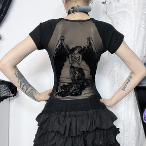 Rear waist pose showing the winged angel design across the sheer panel of the black T-shirt.