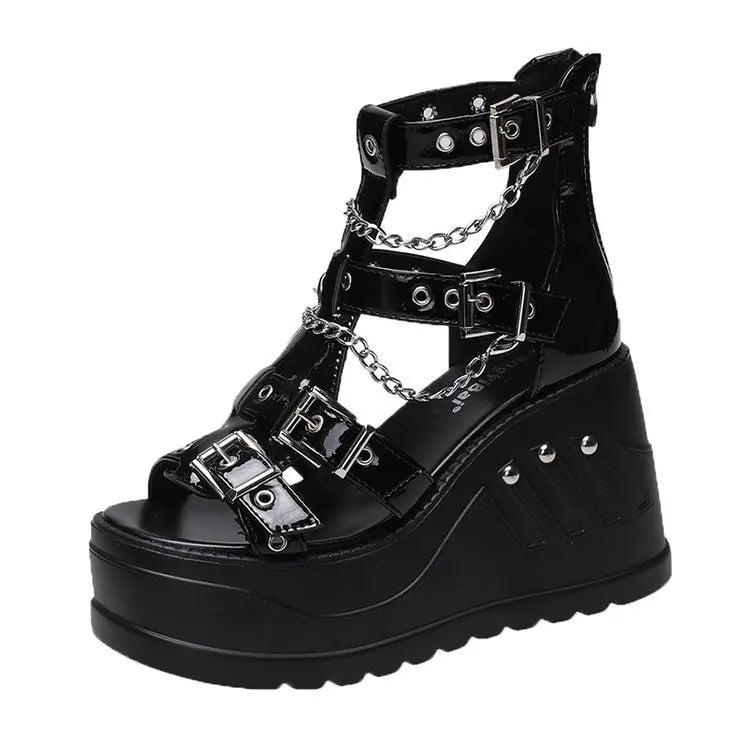 Black gothic buckle chain wedge sandal on white background