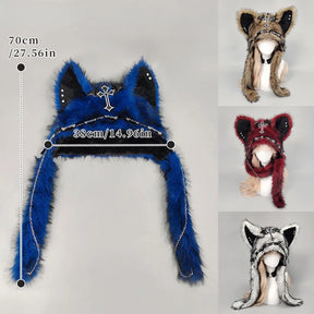 Size diagram of a blue cat ear hat showing 70 cm overall height and 38 cm front width, with long plush flaps.