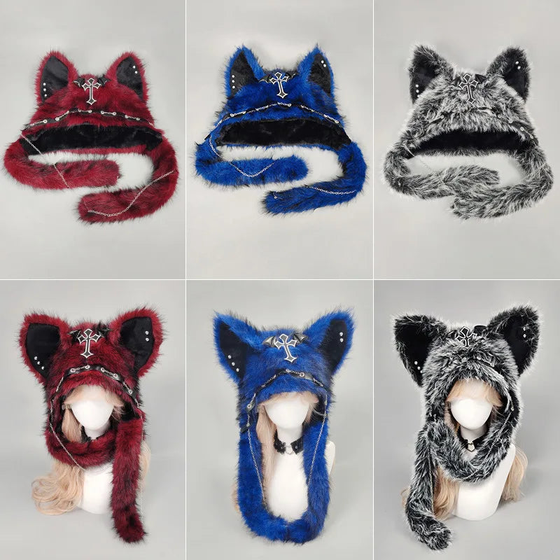 Burgundy, blue and gray plush cat ear hats displayed flat and worn, showing the long scarf-like flaps.