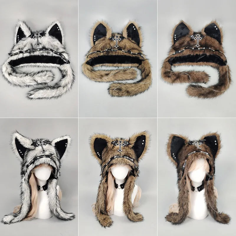 White, camel and brown gothic cat ear hats shown flat and on mannequins, with cross details and long ear flaps.