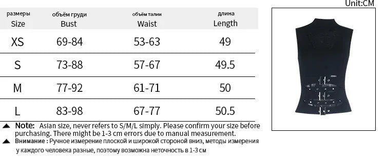 Gothic cross buckle top size chart with bust waist and length measurements