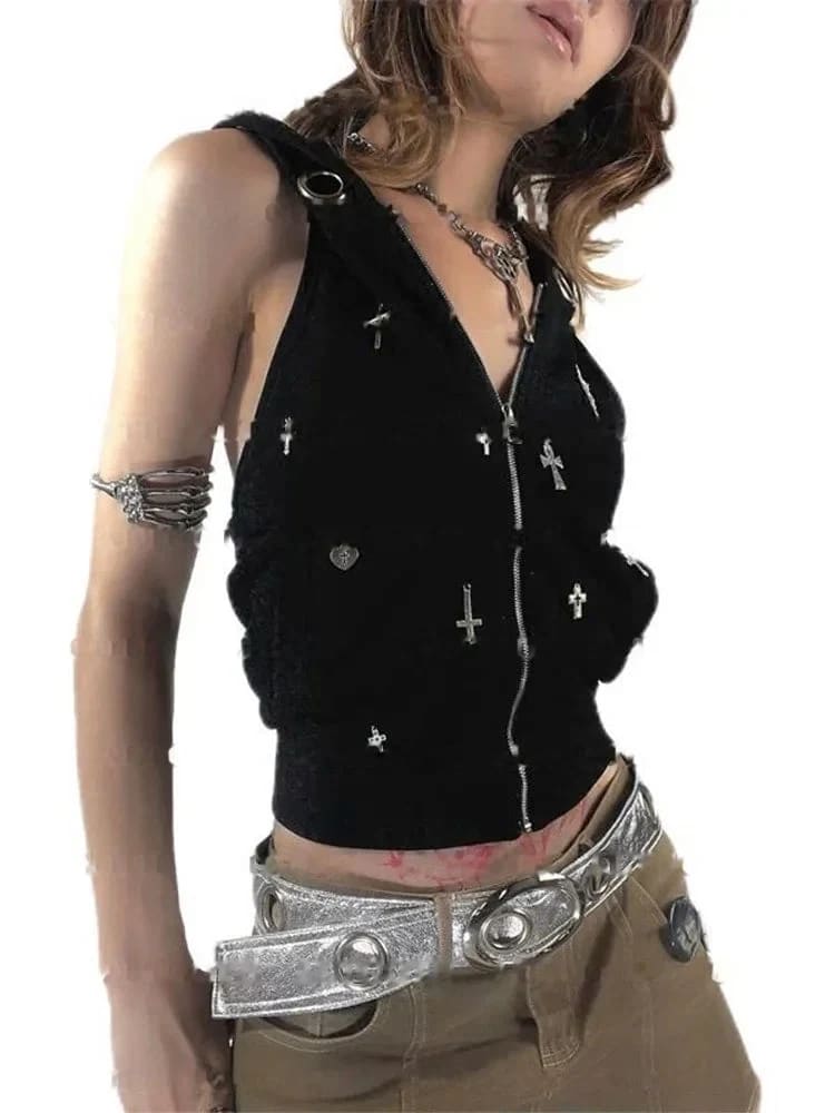Front view of a black zip-up gothic crop top with cross details and the hood lowered