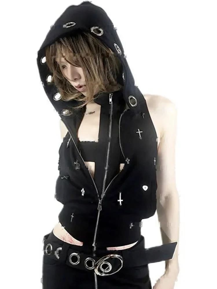 Black cross hooded crop top styled with the front zipper partly open