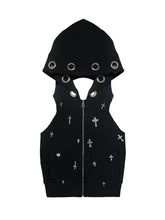 Black gothic hooded crop top laid flat, showing cross embellishments and a front zipper