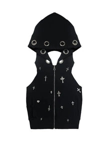 Black gothic hooded crop top laid flat, showing cross embellishments and a front zipper