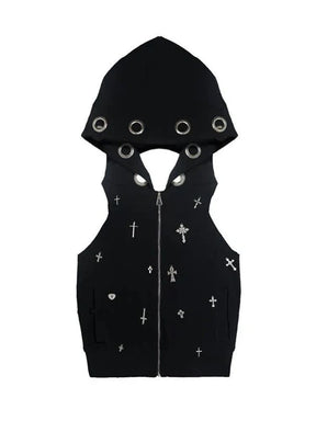 Black gothic hooded crop top laid flat, showing cross embellishments and a front zipper