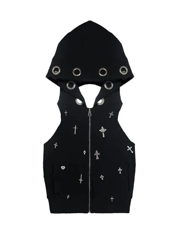 Black gothic hooded crop top laid flat, showing cross embellishments and a front zipper