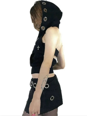 Side view of the sleeveless gothic crop top showing the oversized hood eyelets