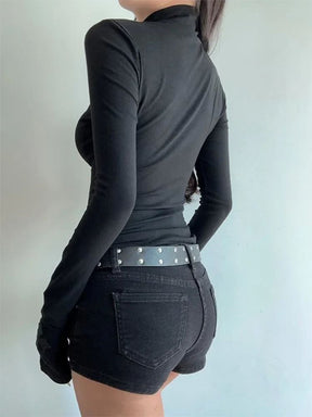 Back view of the fitted black long sleeve gothic high neck top