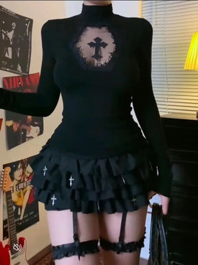 Dark romantic outfit featuring a black cross lace inset long sleeve top