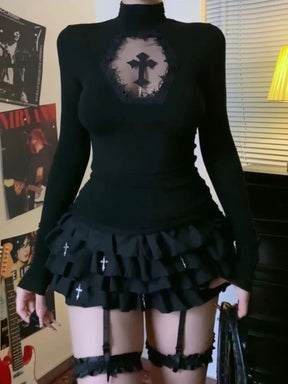 Black gothic cross lace inset top styled with a short skirt