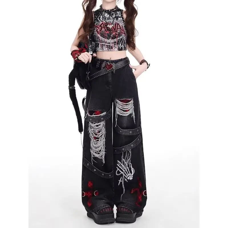 Relaxed front view of washed black gothic wide-leg jeans, showing the front pockets and contrasting cross designs.