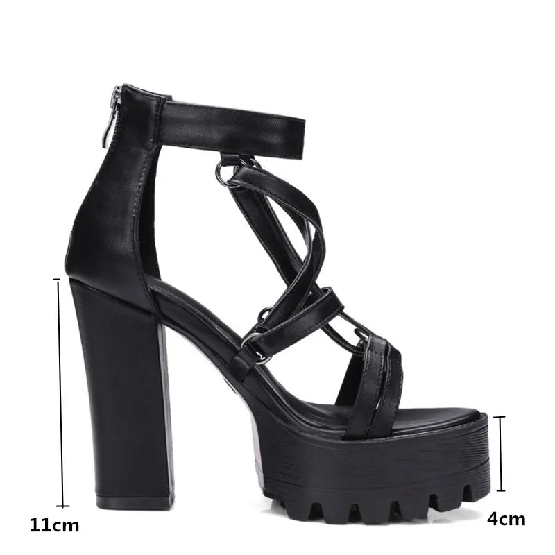 Black platform sandal measurements showing 11 cm heel and 4 cm platform