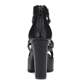 Rear view of black gothic sandal showing zipper closure
