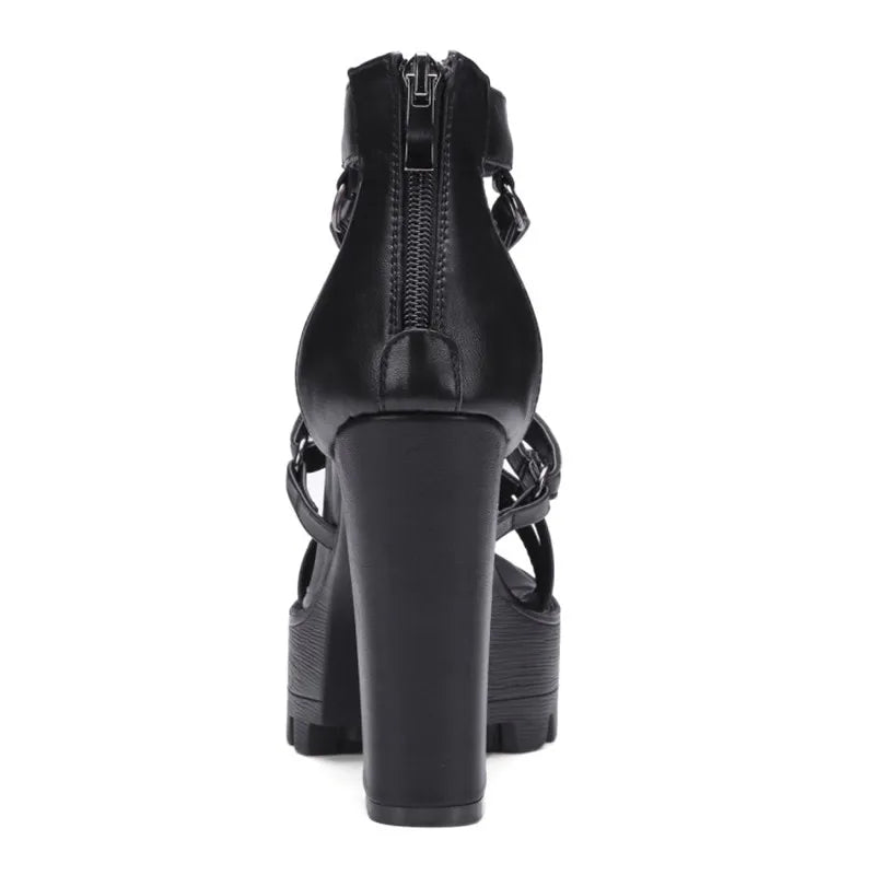 Rear view of black gothic sandal showing zipper closure