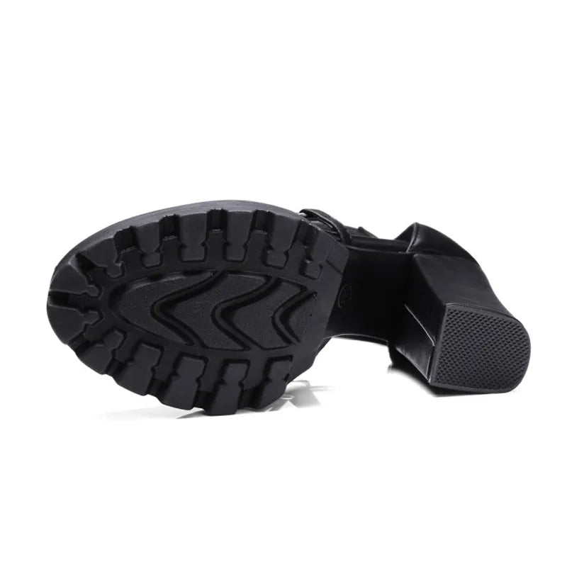 Underside of gothic platform sandal showing deep sole grooves