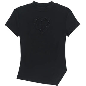 Black heart-cutout T-shirt laid flat on white, showing short sleeves, a close neckline and an angled lower edge.