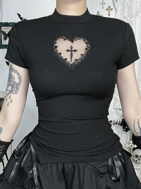 Front view of the black heart-cutout T-shirt with short sleeves, a close round neckline and a cross in the chest opening.