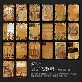Amber apothecary paper designs arranged in a grid, with bottles, handwritten notes, clocks and aged borders.