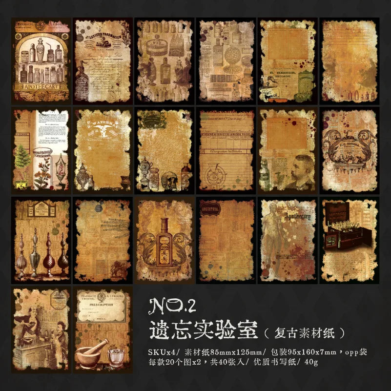 Amber apothecary paper designs arranged in a grid, with bottles, handwritten notes, clocks and aged borders.