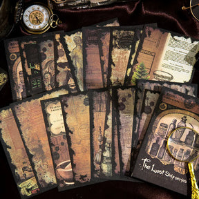 Amber and brown apothecary journaling papers fanned out, showing old bottle illustrations, labels and manuscript-style backgrounds.