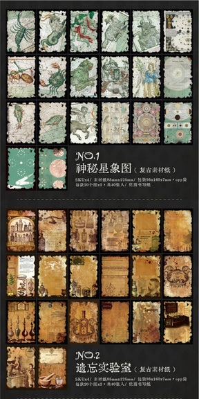 Design guide comparing green celestial maps and amber apothecary scrapbook papers.