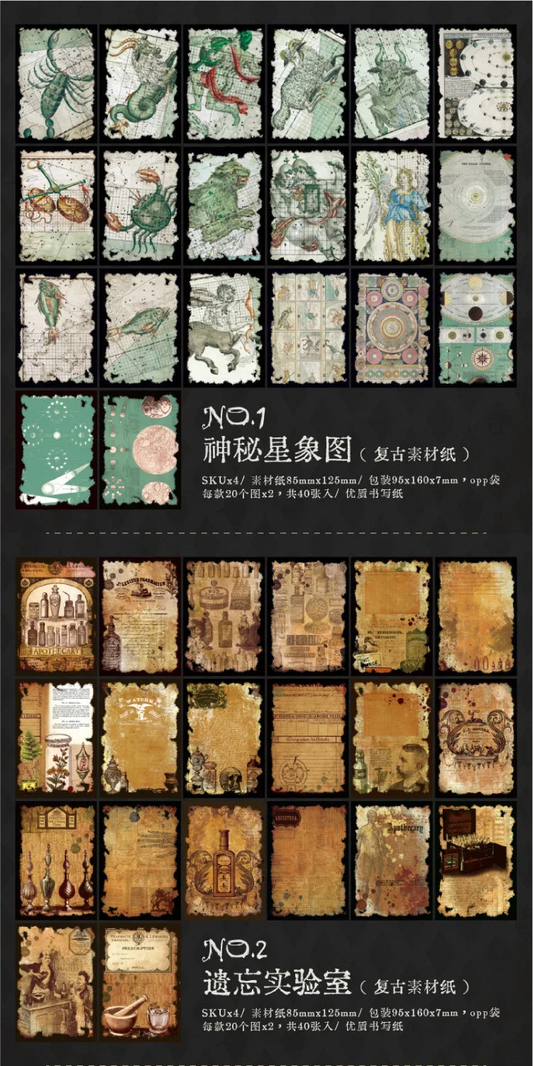 Design guide comparing green celestial maps and amber apothecary scrapbook papers.