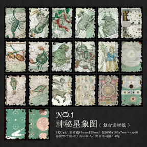 Green celestial map scrapbook papers arranged in a grid with shells, sea creatures, star charts and patterned backgrounds.