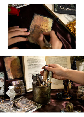 Two views of loose vintage-style journaling paper being handled beside an open book and writing-table accessories.