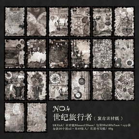 Black and grey gothic stationery paper designs with vintage maps, clocks, illustrations and collage-style borders.