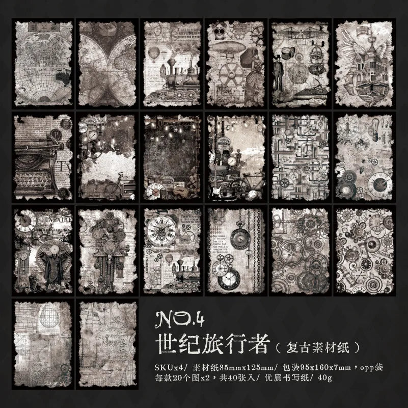 Black and grey gothic stationery paper designs with vintage maps, clocks, illustrations and collage-style borders.