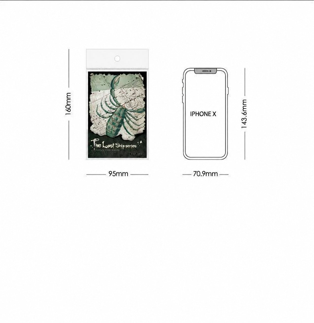 Pack-size comparison diagram for the decorative journaling paper, showing the packaged sheets beside a phone outline.
