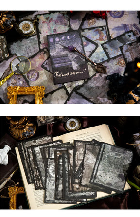Purple celestial and grey map journaling papers displayed in two styled arrangements with an open book and decorative frames.