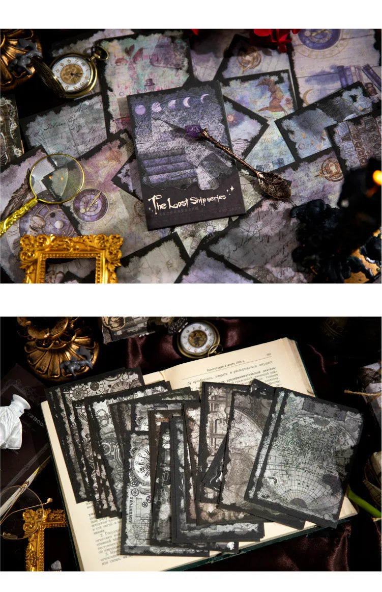 Purple celestial and grey map journaling papers displayed in two styled arrangements with an open book and decorative frames.