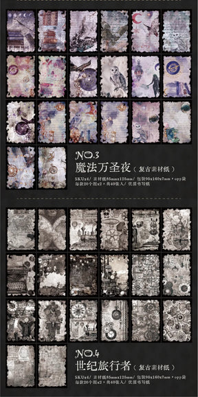 Design guide showing purple moon-and-owl papers beside grey monochrome maps and curiosities.
