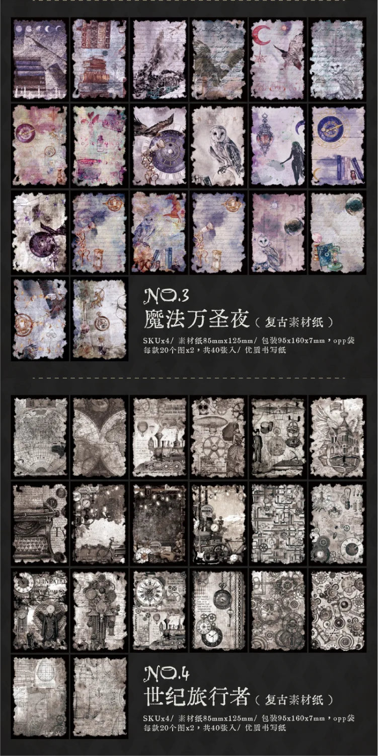 Design guide showing purple moon-and-owl papers beside grey monochrome maps and curiosities.