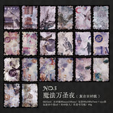 Purple witchy journaling papers featuring moons, an owl, star charts and illustrated architectural details.